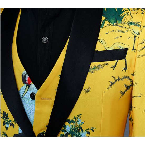 New Custom Men's Suit Vest Three-piece Ensemble Yellow Print Tuxedo