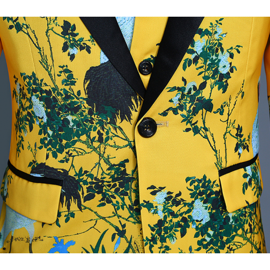 New Custom Men's Suit Vest Three-piece Ensemble Yellow Print Tuxedo