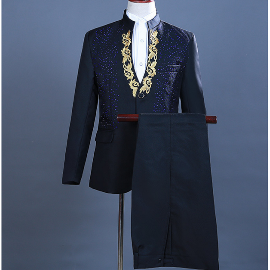 New Custom Men's Diamond With Perm Stand Collar Suit