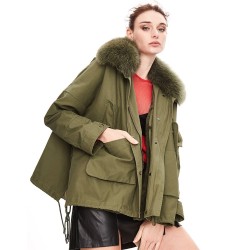 High Quality Winter New Style Detachable Fox Fur Collar Long Sleeves Lace up Oversized Short Parkas Coat