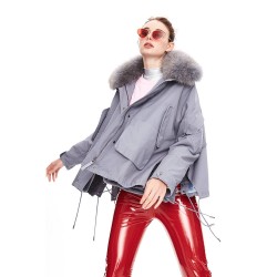 High Quality Winter New Style Detachable Fox Fur Collar Long Sleeves Lace up Oversized Short Parkas Coat