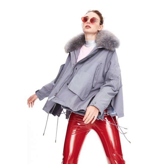 High Quality Winter New Style Detachable Fox Fur Collar Long Sleeves Lace up Oversized Short Parkas Coat