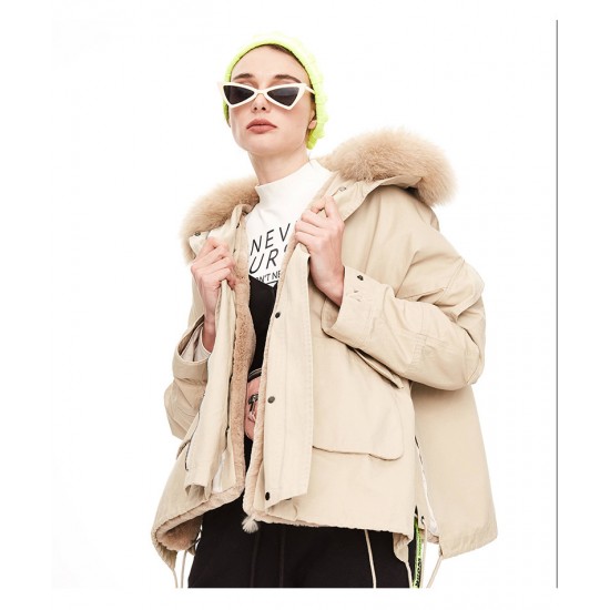 High Quality Winter New Style Detachable Fox Fur Collar Long Sleeves Lace up Oversized Short Parkas Coat