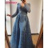 Dubai Sexy V-Neck Embroidery Beads Design Europe Plus Size Long Sleeves Women Gowns Formal Robe De Soiree Evening Dress