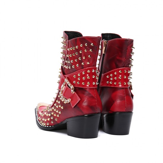 NA310 Fashion Party Men Genuine Leather Boots Rivets Chains Motorcycle Short Boots Metal Pointed Toe Cowboy Ankle Boots Winter