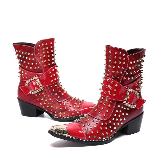 NA310 Fashion Party Men Genuine Leather Boots Rivets Chains Motorcycle Short Boots Metal Pointed Toe Cowboy Ankle Boots Winter