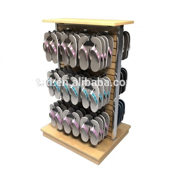 Custom Retail Store Double Sided Slatwall Display Wooden Shoe Display Rack Slipper Display Stand