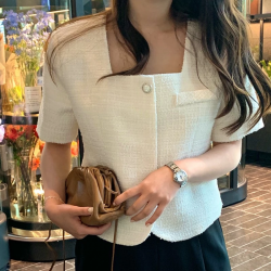 Summer Coat for Women Elegant Suqare Collar Short Sleeve Jacket Korean Slim Short Jackets 2021 Clothing Female Outwear 1886#