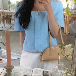Summer Coat for Women Elegant Suqare Collar Short Sleeve Jacket Korean Slim Short Jackets 2021 Clothing Female Outwear 1886#
