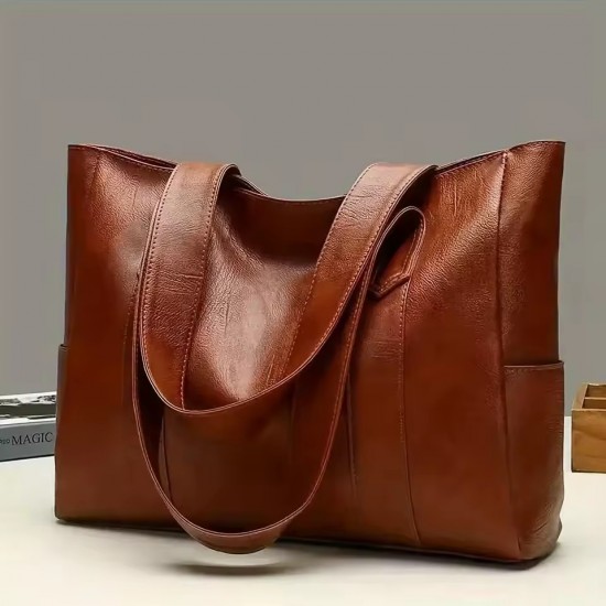 Vintage Large Capacity Tote Bag, Retro Vegan Shoulder Bag, Women's Casual Handbag For Commute Vintage Large Capacity Tote Bag, Retro Vegan Shoulder Bag, Women's Casual Handbag For Commute